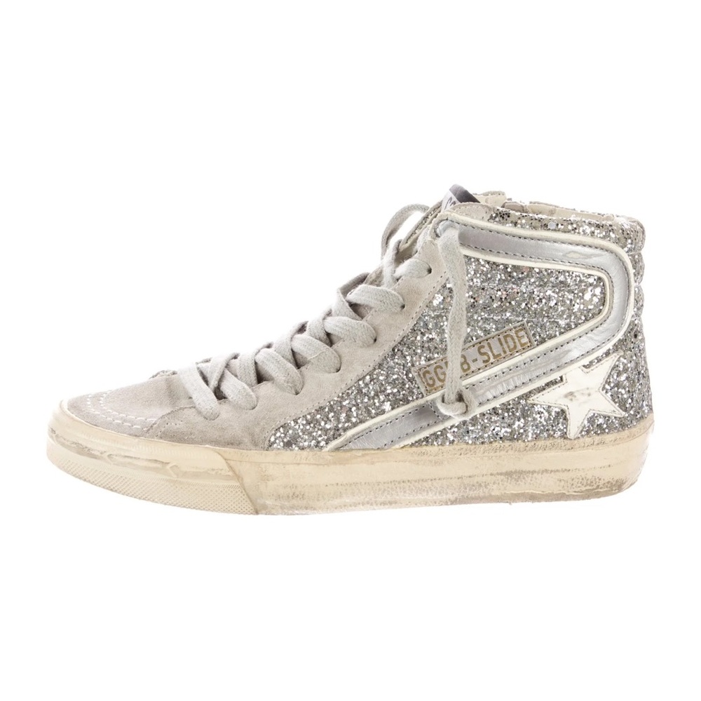 GOLDEN GOOSE 41 SILVER GLITTER HIGH TOP SNEAKERS WORN - Picture 1 of 7